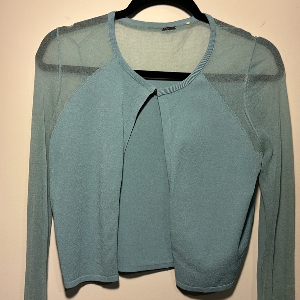 Elie Tahari teal shrug long sleeves,  see thru mesh arms, u neck clasps